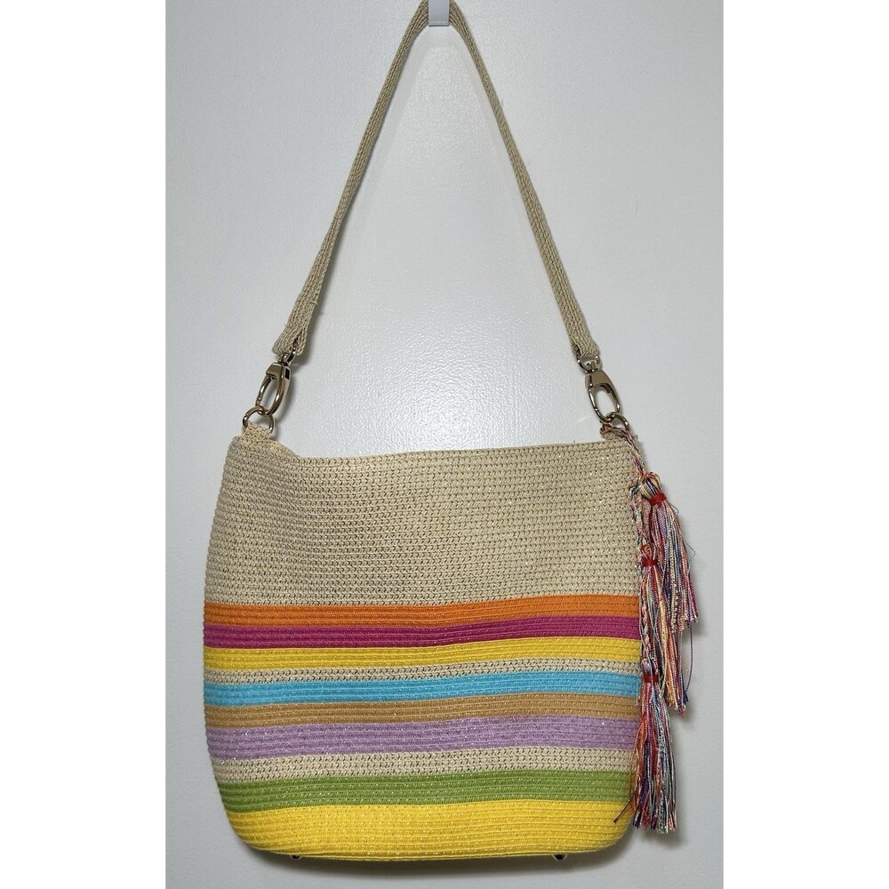 Sun N Sand Rainbow Stripe Straw Shoulder Bag Tassel Beach Tote Purse
